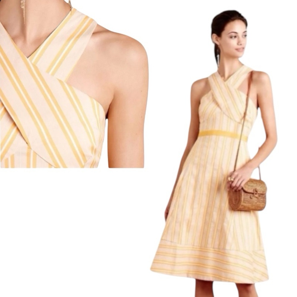 $178 Anthropologie Vintage Cross Front Sun Dress 8 Medium Yellow HD in Paris NWT